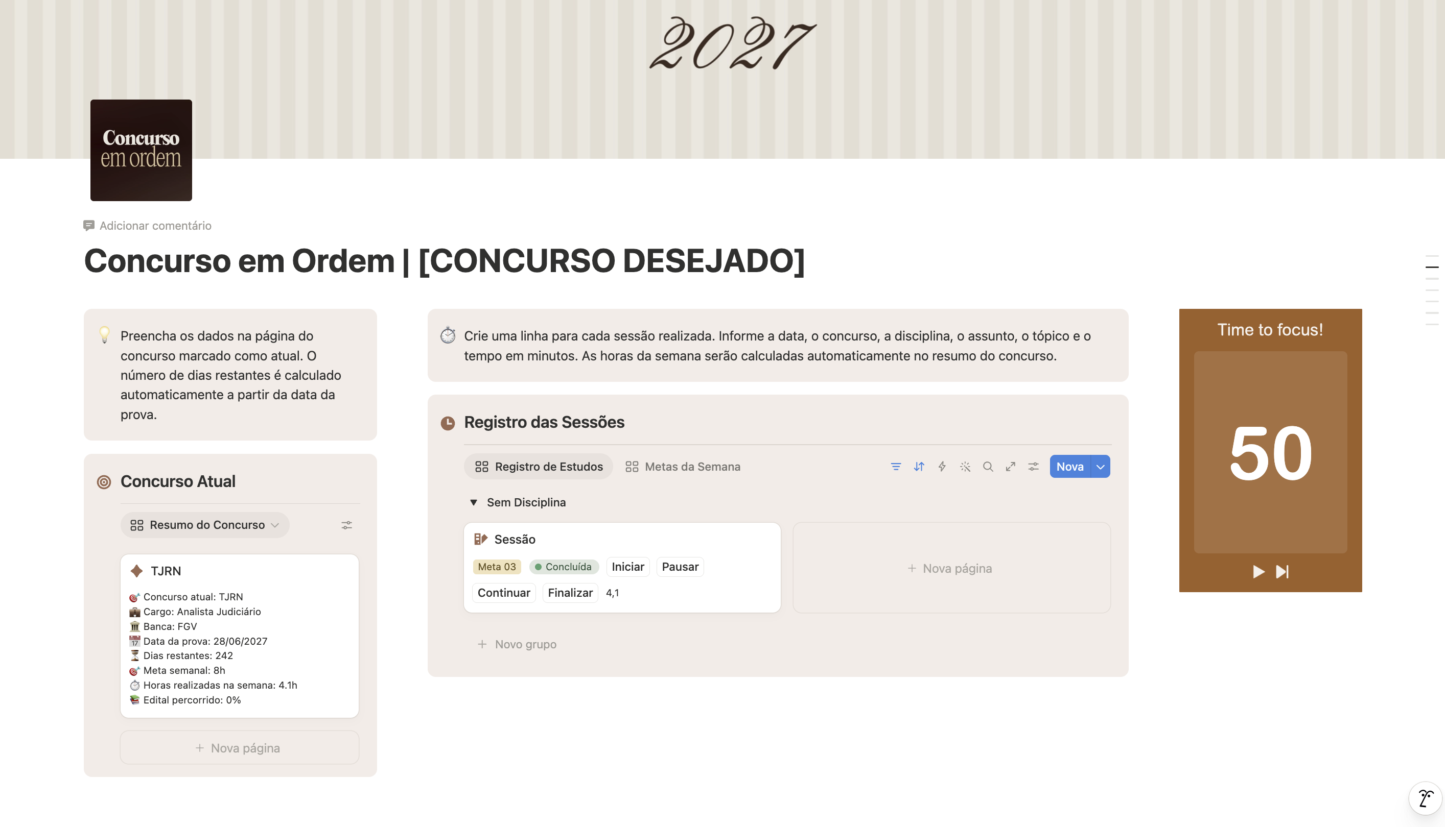 Visão geral do Concurso em Ordem no Notion